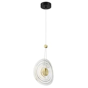 Topknot 5-Watt 1-Light Black and Brushed Gold Pan Integrated LED Shaded Pendant Light with Clear Pressed Glass Shade