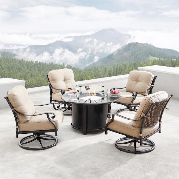Oakland Living Finland Luxurious Antique Copper 5-Piece Aluminum Patio Fire Pit Deep Seating Set with Tan Beige Cushions