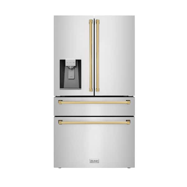 ZLINE Kitchen and Bath Autograph Edition 36 in. 4-Door French Door Refrigerator with Ice & Water Dispenser in Stainless Steel & Polished Gold