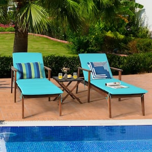 Wicker Rattan Outdoor Chaise Lounge Set with Turquoise Cushions