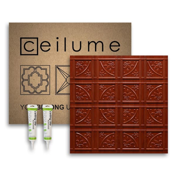 Ceilume Lafayette 2 ft. x 2 ft. Glue Up Vinyl Ceiling Tile and Backsplash Kit in Faux Wood-Cherry (21 sq. ft./case)