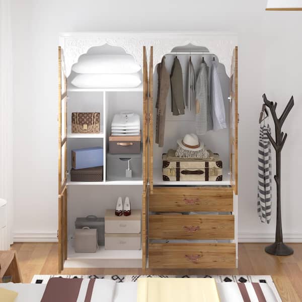 75.7 in. H Paint Finish Wooden Accent Storage Cabinet in Brown and White, Rustic Style, With Glass Doors and-Drawers