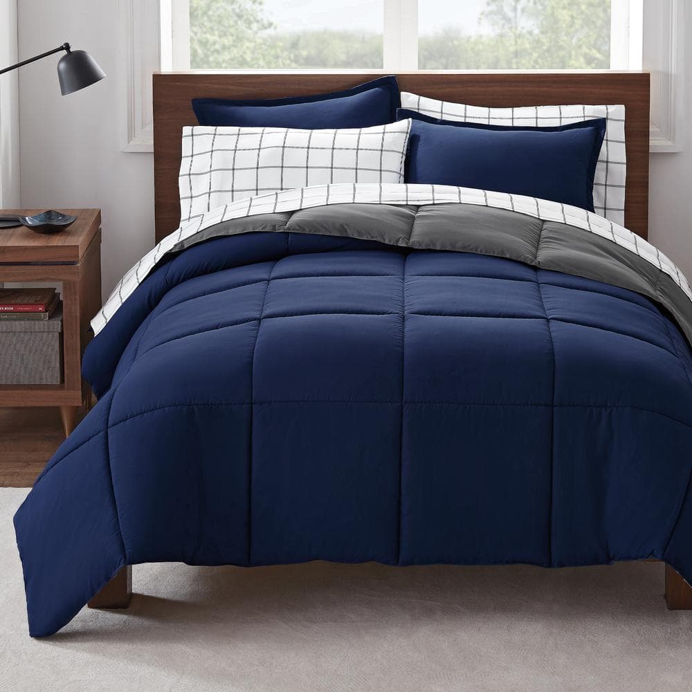 Serta Simply Clean 5-Piece Navy Reversible Microfiber Twin/Twin XL Bed ...