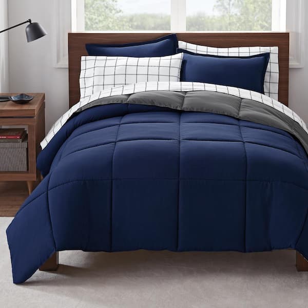 Serta Simply Clean 5-Piece Navy Reversible Microfiber Twin/Twin XL Bed in a Bag Set