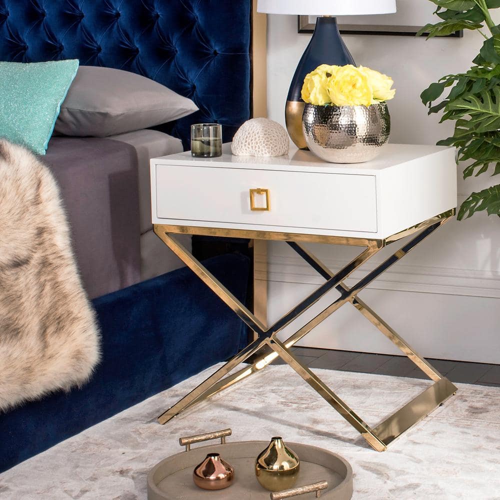 White Rectangular Wood and Metal End Table with Storage
