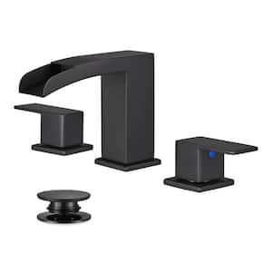 Waterfall 8 in. Widespread Double Handle Low Arc Bathroom Faucet with Drain kit Included in Matte Black(1-Pack)