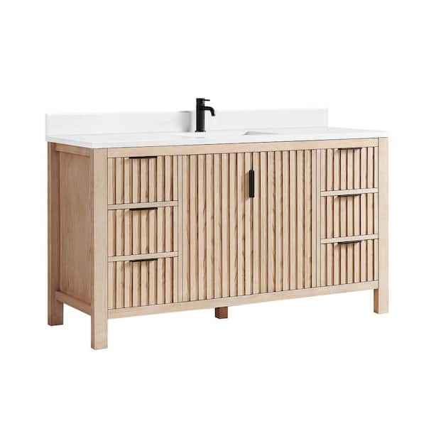 Shenzhen 60 in.W x 22 in.D x 33.9 in.D Single Bath Vanity in Aged Natural Oak with White Engineered Stone Top