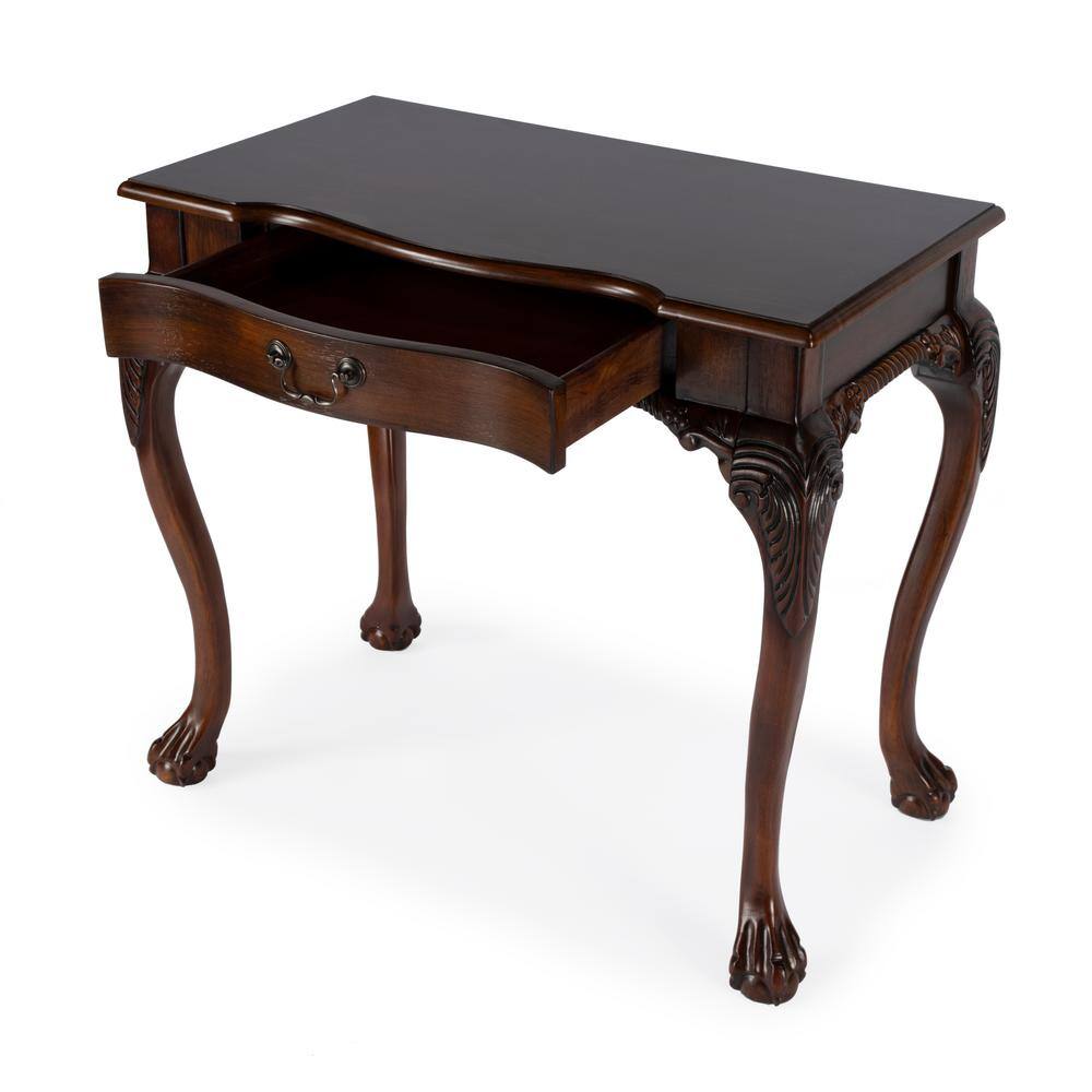 Cherry Brown Wood Writing Desk with Drawer and Carved Details