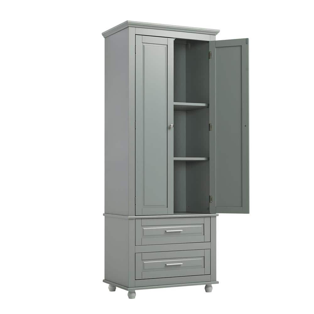 24 in. W x 15.7 in. D x 62.5 in. H MDF Gray Bathroom Linen Cabinet with 2-D