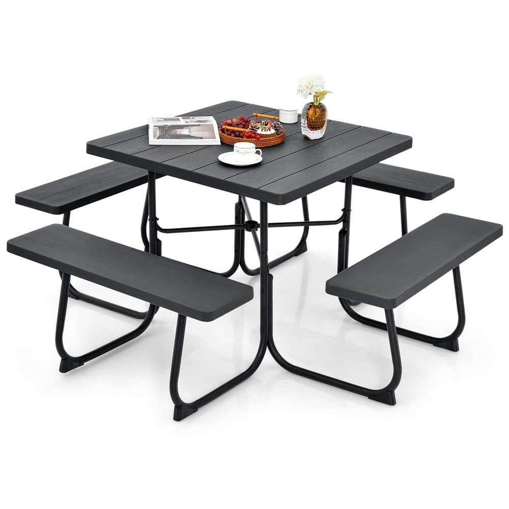Costway 67 in. Black Square Metal Picnic Table Set 8-Person