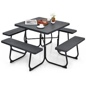 67 in. Black Square Metal Picnic Table Set 8-Person with 4 Benches and Umbrella Hole