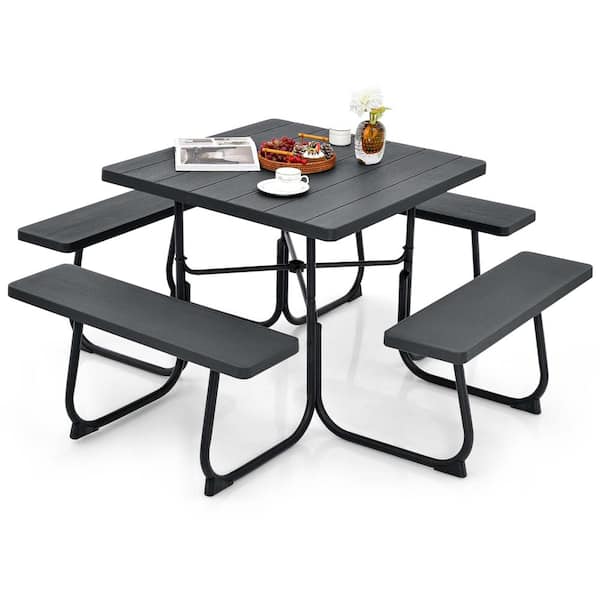 Costway 67 in. Black Square Metal Picnic Table Set 8-Person with 4 Benches and Umbrella Hole