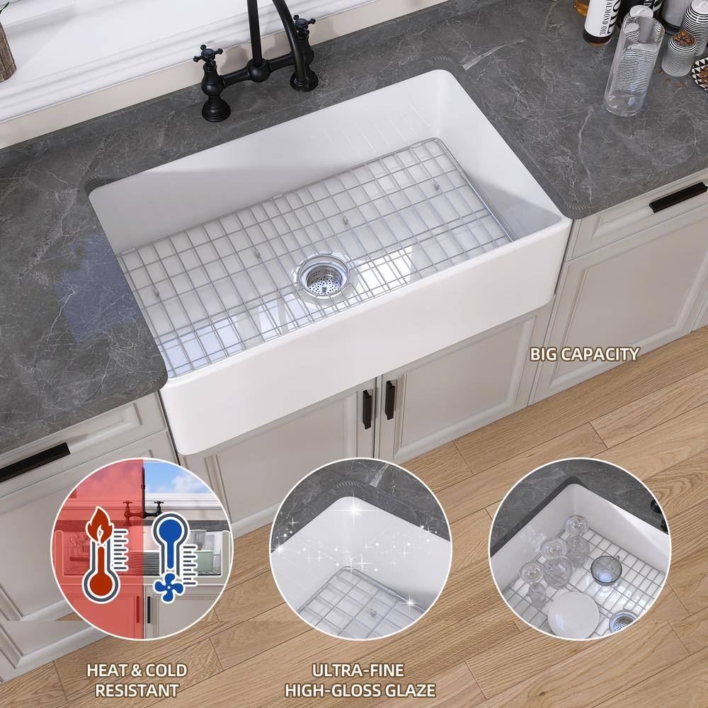 White Fireclay Single Bowl Farmhouse Kitchen Sink with Grid
