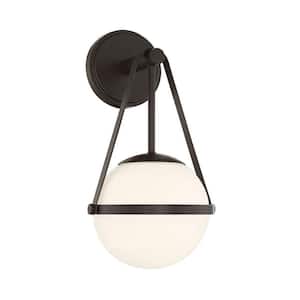 Polson 8 in. W x 15.5 in. H 1-Light Matte Black Wall Sconce with Opal Etched Glass Orb Shade