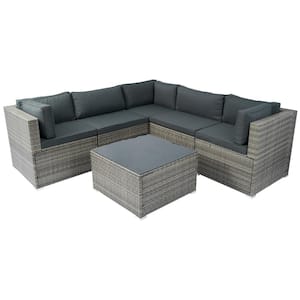 6 Pieces Rattan Wicker Patio Conversation with Sectional Seating Set with Dark Grey Cushions.