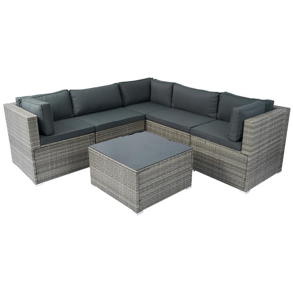 Unbranded 6 Pieces Rattan Wicker Patio Conversation with Sectional Seating Set with Dark Grey Cushions.