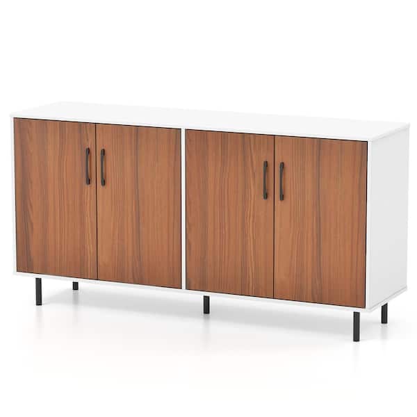 Costway White and Walnut Wood 58 in. Buffet Server Sideboard Kitchen Storage Cabinet Cupboard with Shelves and 4 Doors