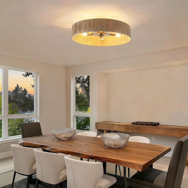 21.65 in. 5-Light Gold Drum Semi Flush Mount Ceiling Light with Hand-woven Raffia Grass Shade