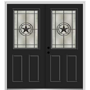 Elegant Star 72 in. x 80 in. 2-Panel Right-Hand 1/2 Lite Decorative Glass Black Painted Fiberglass Prehung Front Door