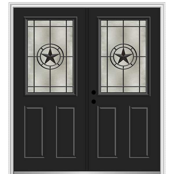 MMI Door Elegant Star 72 in. x 80 in. 2-Panel Right-Hand 1/2 Lite Decorative Glass Black Painted Fiberglass Prehung Front Door