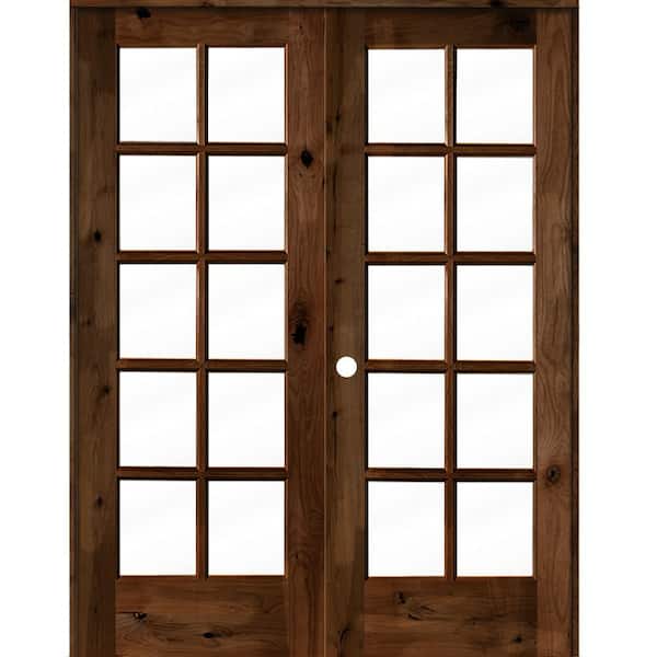 Krosswood Doors 60 in. x 80 in. Knotty Alder Right-Handed 10-Lite Clear Glass Provincial Stain Wood Double Prehung French Door