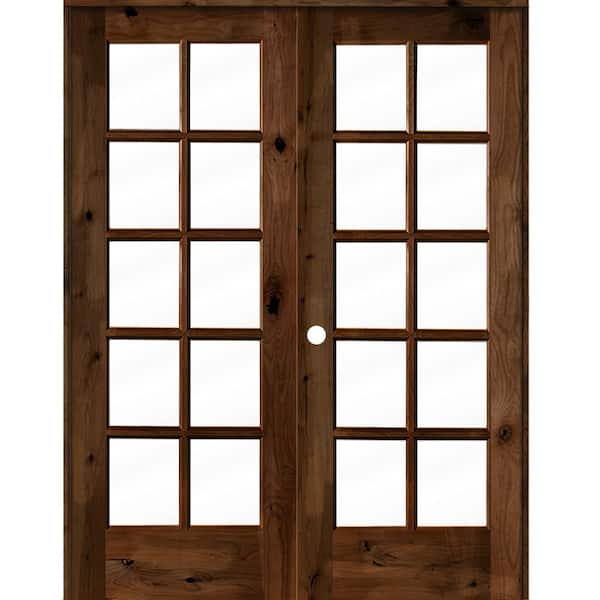 64 in. x 80 in. Knotty Alder Right-Handed 10-Lite Clear Glass Provincial Stain Wood Double Prehung French Door