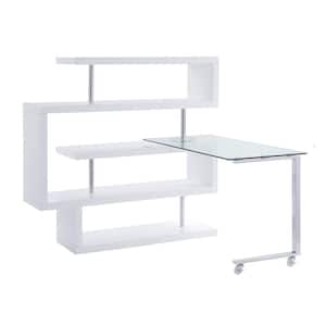 Buck II 24 in. L-Shaped Clear Glass, Chrome and White High Gloss Composite Writing Desk with Shelves
