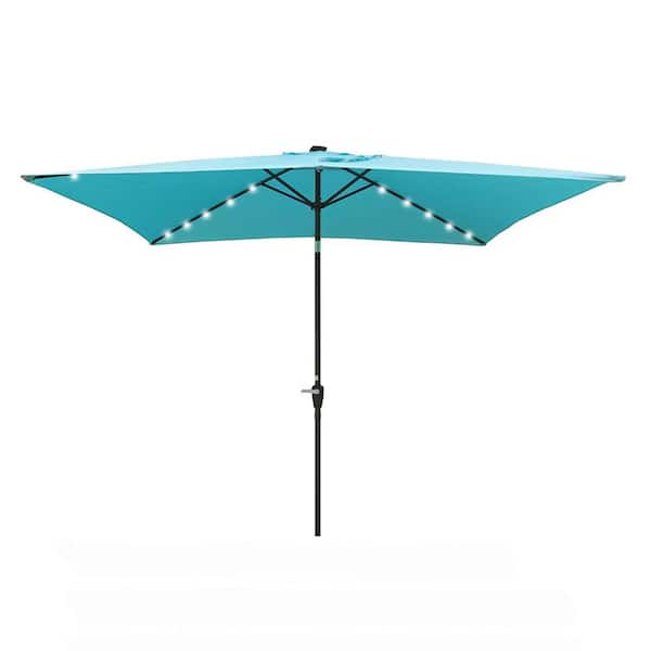 10 x 6.5 ft. Metal Ectangular Solar LED Lighted Outdoor Patio Umbrella with Crank and Push Button Tilt in Turquoise