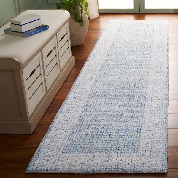 Ebony 2 ft. x 9 ft. Blue/Ivory Distressed Diamond Border Runner Rug