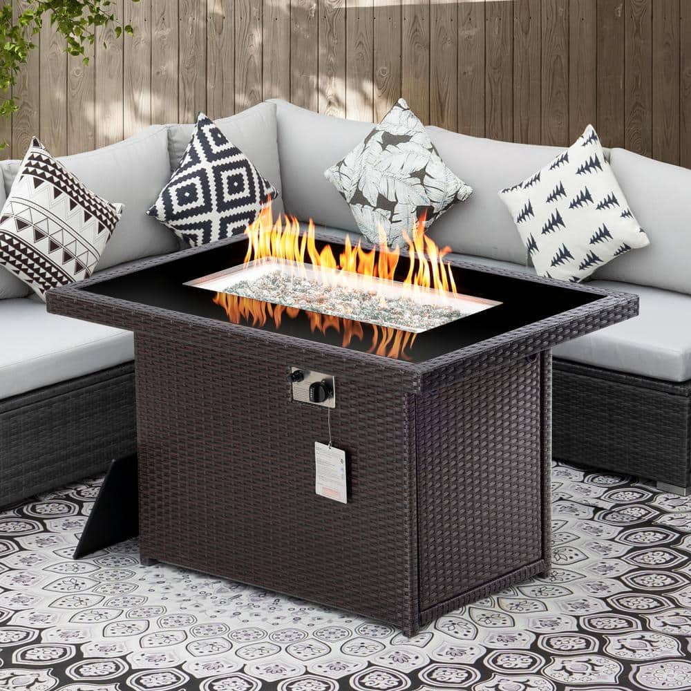 Brown 43 in. Rectangle Wicker 55000 BTU Outdoor Fire Pit Table Propane Gas 