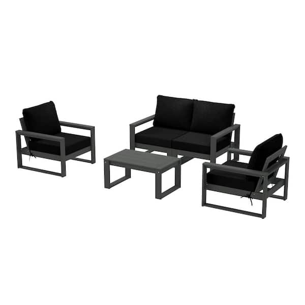 Endless Gray Frame Black Cushions 5-Piece HDPE Plastic Outdoor Patio Conversation Deep Seating Set