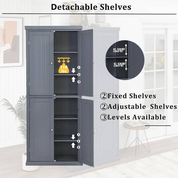 Adrinfly 30 in. W x 14 in. D x 72.4 in. H in Gray MDF Ready to Assemble Kitchen Cabinet Pantry with 4-Doors & Adjustable Shelves