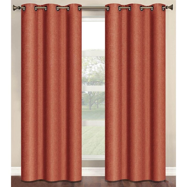 Bella Luna Semi-Opaque Marina Faux Linen 84 in. L Room Darkening Grommet Curtain Panel Pair, Terracotta (Set of 2)