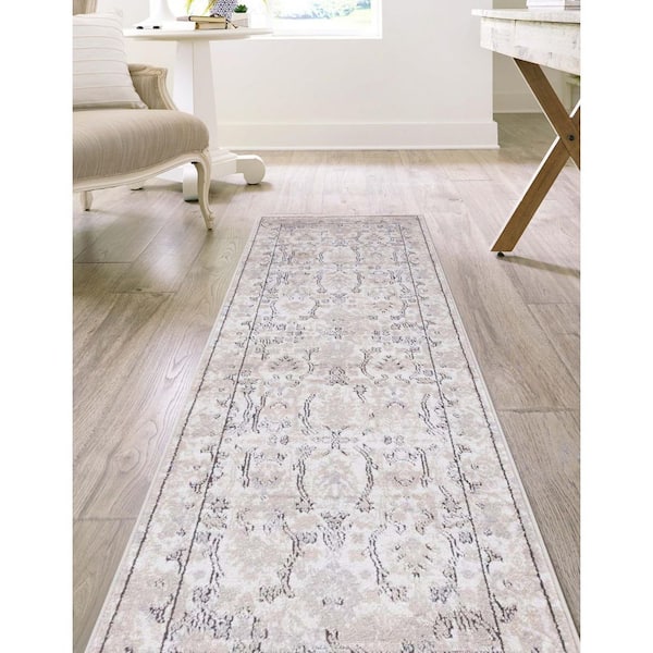 Unique Loom Central Portland Rug Ivory/Gray 2' 2 x 6' 1 Runner Border  Traditional Perfect For Bathroom Hallway Mud Room Laundry Room