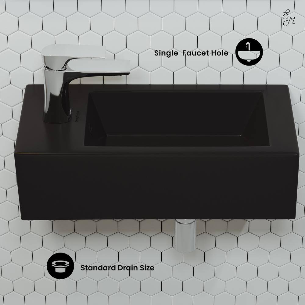 Matte Black Rectangular Ceramic Wall-Mounted Sink with Left Side Faucet