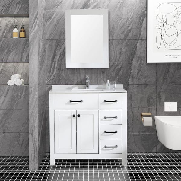 Wonline 35.4 in. W x 17.7 in. D x 31.5 in. H Single Sink Bath Vanity in White with White Ceramics Top and Mirror