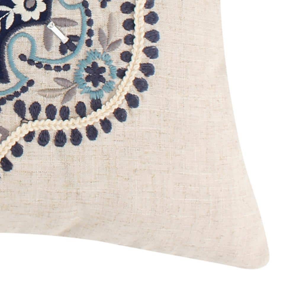 18x18 Blue and Cream Embroidered Medallion Pillow