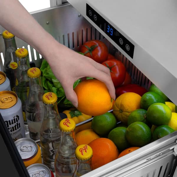 24 in. Autograph Touchstone 168 Can Outdoor Refrigerator Drawer with Black Stainless Doors and Gold Helix Handles