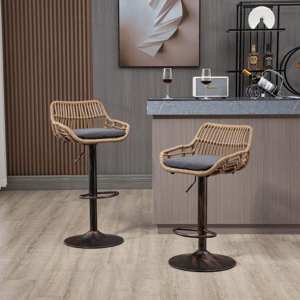 2-Piece Metal Adjustable Counter Height Outdoor Bar Stools with Gray Cushions, Footrest