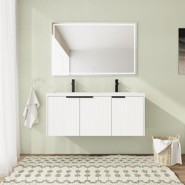 48 in. Wall-Mounted Double White Bath Vanity with White Resin Top Unassembled