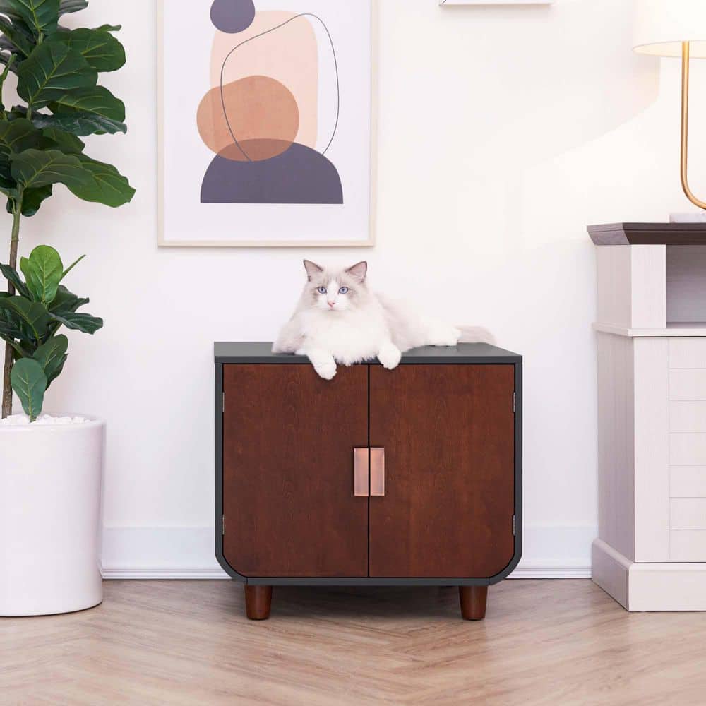 Mocha Walnut Mid-Century Modern Cat Litter Box Enclosure