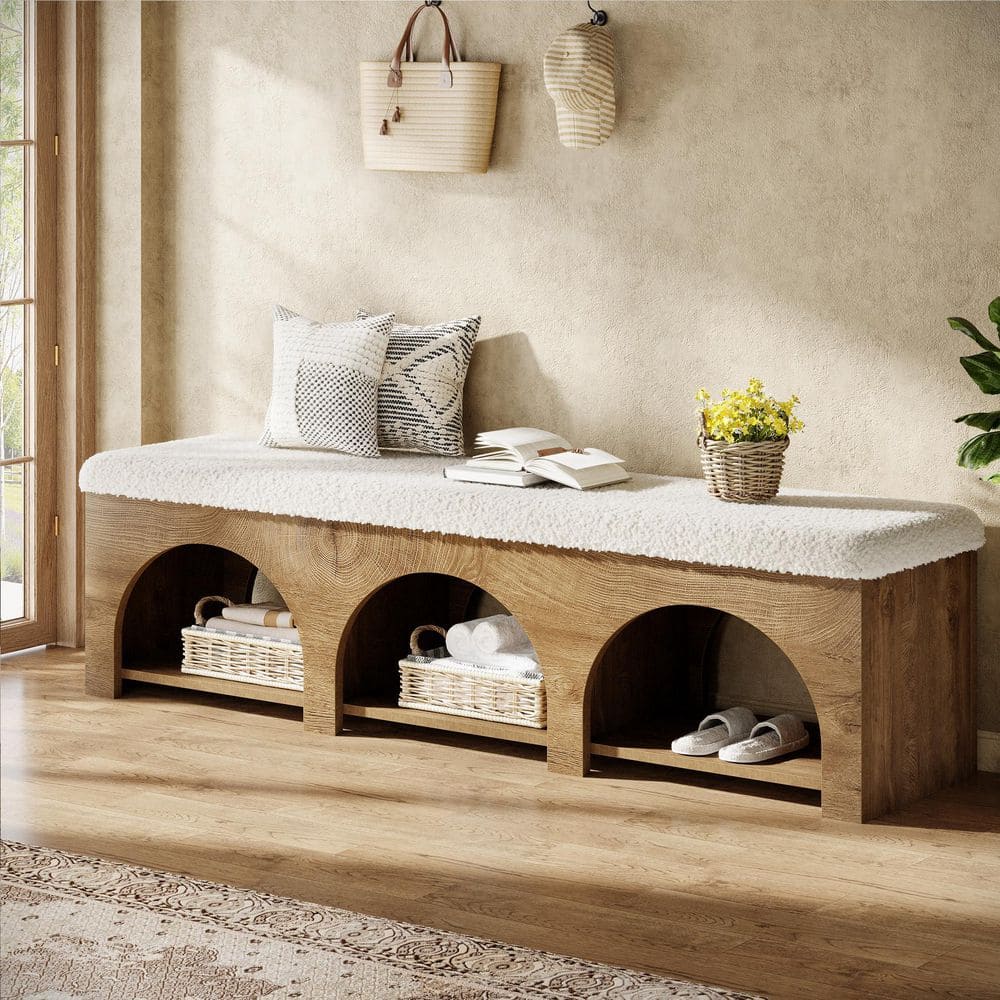 Brennan 63 in. Brown Entryway Bench with Cushion, Soft Padded Ottoman with Storage for Bedroom, Hallway, Foyer