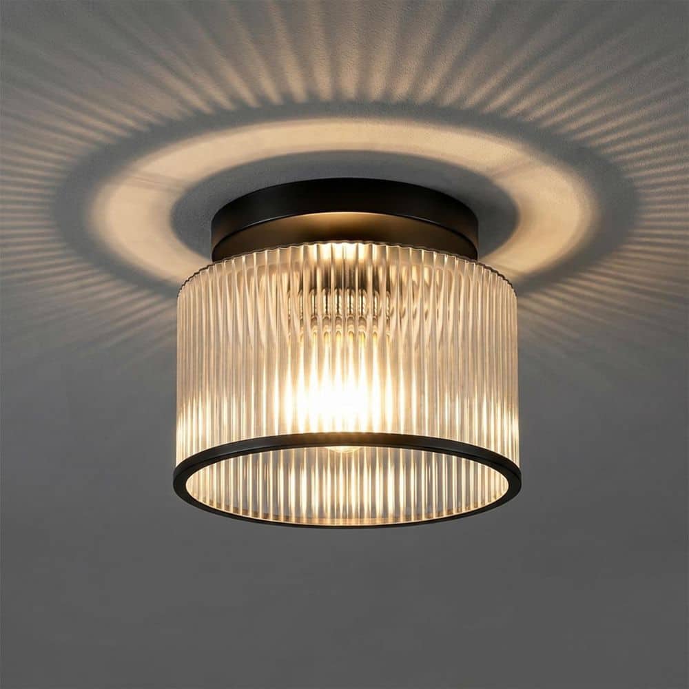 10 in. 1-Light Drum Matte Black Semi-Flush Mount Ceiling Light with Ribbed Glass Shade for Hallway Foyer price history on PriceWatchPro