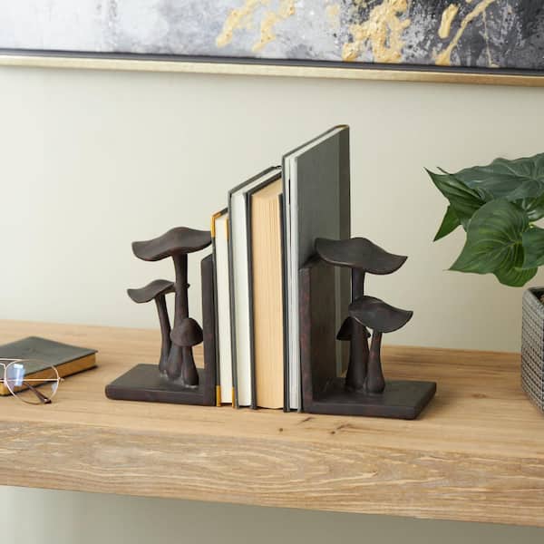 Litton Lane Dark Brown Resin Mushroom Bookends with Copper Shadings (Set of 2)