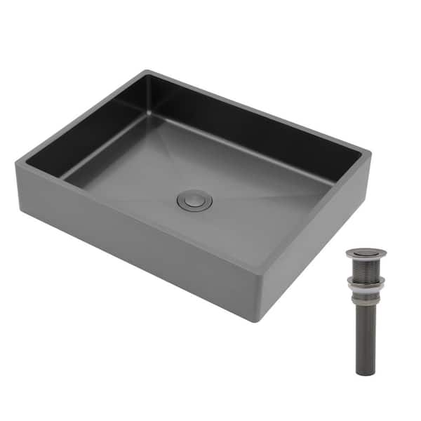 Tenleaf 19 in. Vessel Rectangular Bathroom Sink with Pop Up Drain in Black Stainless Steel