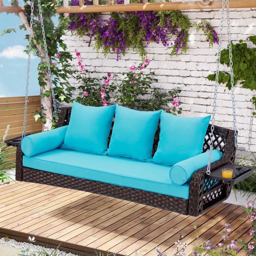 3-Person Brown Wicker Porch Swing with Chains Cup Holders and Light Blue Cu