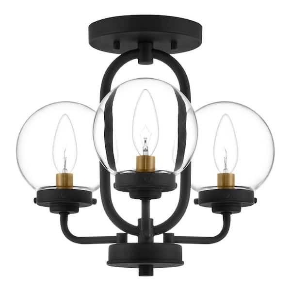 Hampton Bay Elmstone 14 in. 3-Light Matte Black and Gold Semi-Flush Mount with Clear Glass Shades