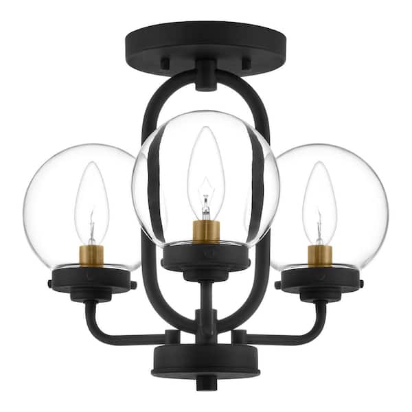 Elmstone 14 in. 3-Light Matte Black and Gold Semi-Flush Mount with Clear Glass Shades