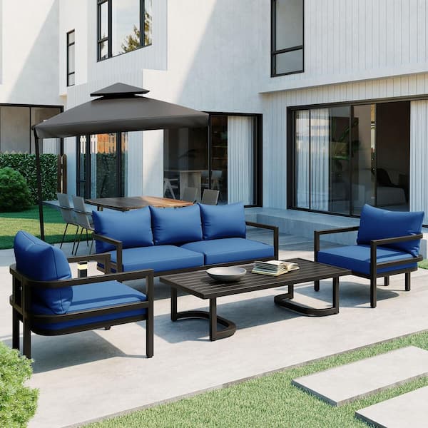 Polibi 4-Piece Metal Frame Patio Conversation Sofa Set with Blue Cushions