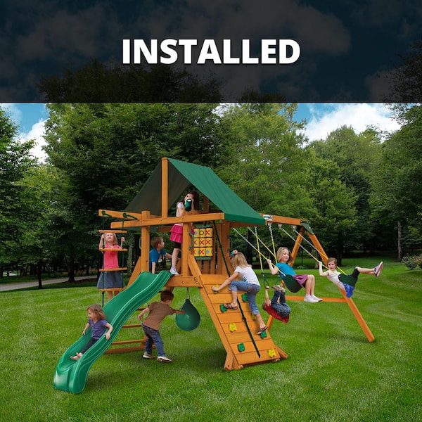 Gorilla Playsets Professionally Installed Ozark II Wooden Outdoor Playset with Rock Wall, Slide and Backyard Swing Set Accessories